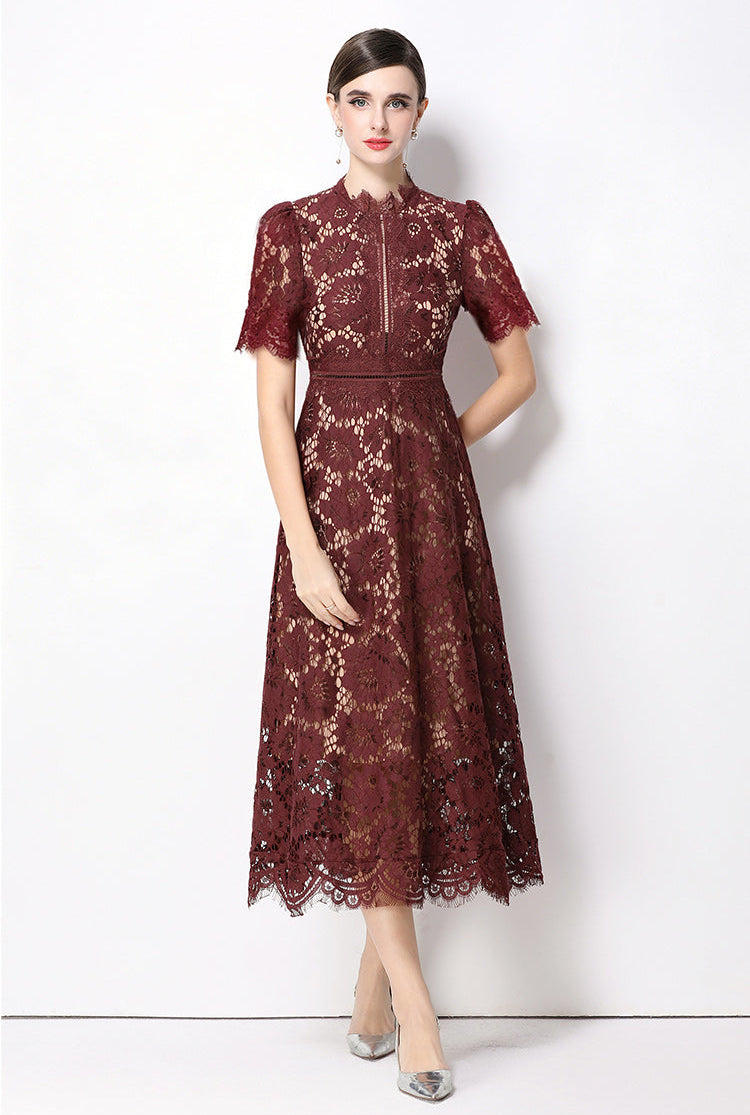 Floral Lace Mock Neck Short Sleeve Midi Dress