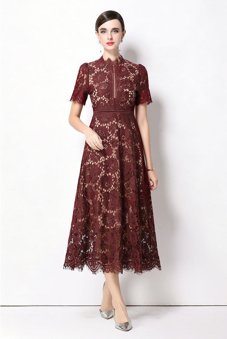 Floral Lace Mock Neck Short Sleeve Midi Dress