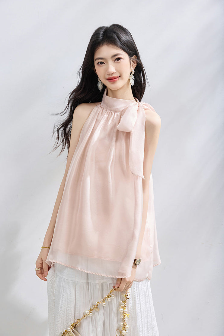 Sleeveless Halter Neck Blouse with Side Bow