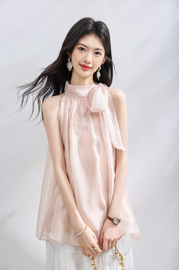 Sleeveless Halter Neck Blouse with Side Bow