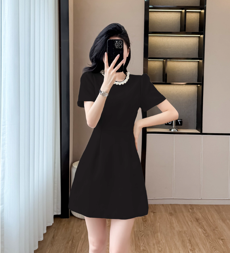 Elegant Pearl-Trim A-Line  Mini Dress-Short Sleeve Cocktail & Workwear Shift