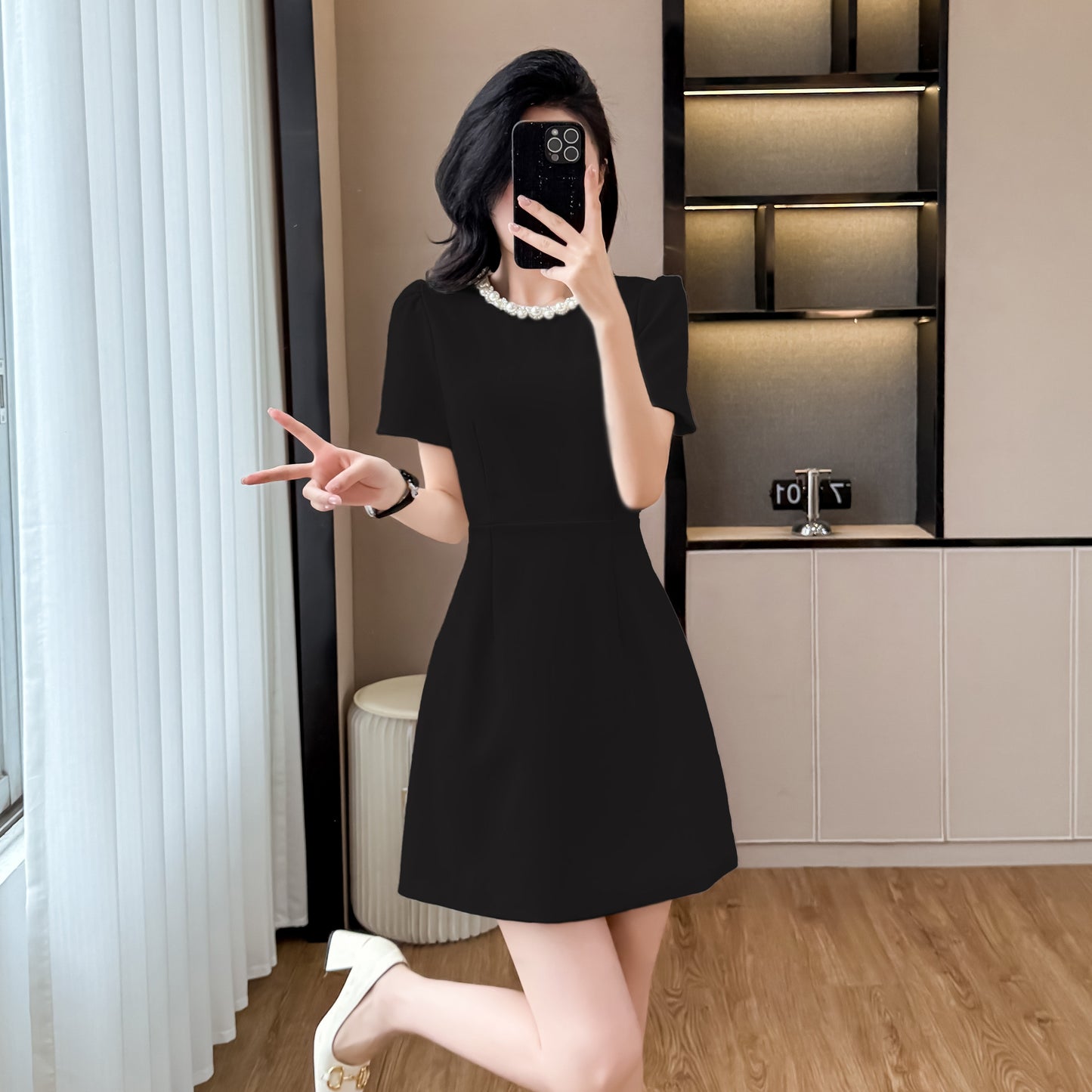Elegant Pearl-Trim A-Line  Mini Dress-Short Sleeve Cocktail & Workwear Shift