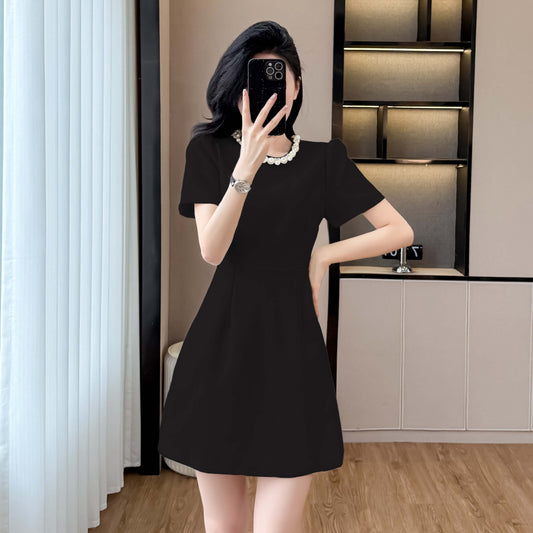 Elegant Pearl-Trim A-Line  Mini Dress-Short Sleeve Cocktail & Workwear Shift