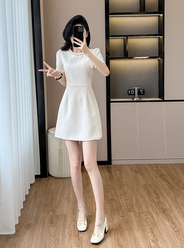 Elegant Pearl-Trim A-Line  Mini Dress-Short Sleeve Cocktail & Workwear Shift