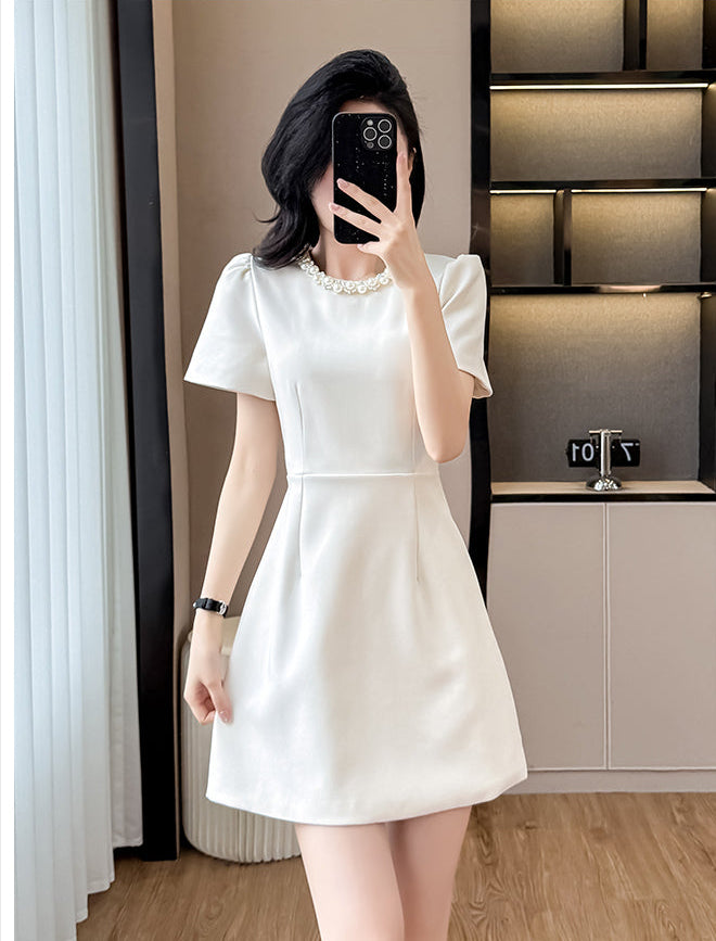 Elegant Pearl-Trim A-Line  Mini Dress-Short Sleeve Cocktail & Workwear Shift