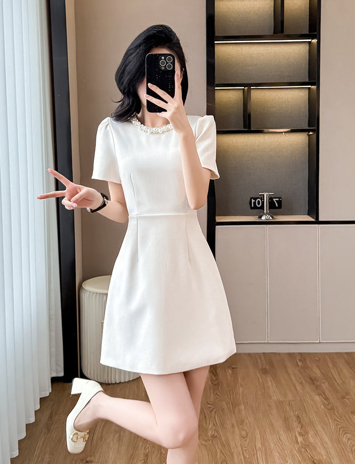 Elegant Pearl-Trim A-Line  Mini Dress-Short Sleeve Cocktail & Workwear Shift