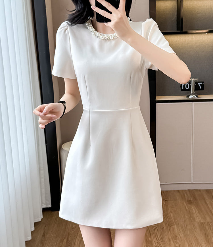 Elegant Pearl-Trim A-Line  Mini Dress-Short Sleeve Cocktail & Workwear Shift
