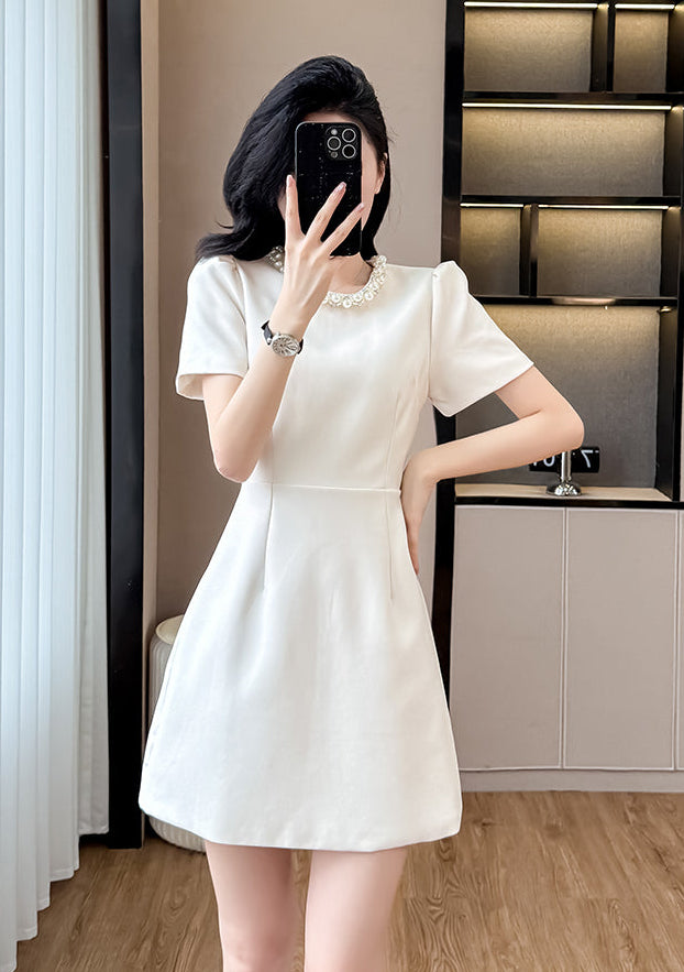 Elegant Pearl-Trim A-Line  Mini Dress-Short Sleeve Cocktail & Workwear Shift