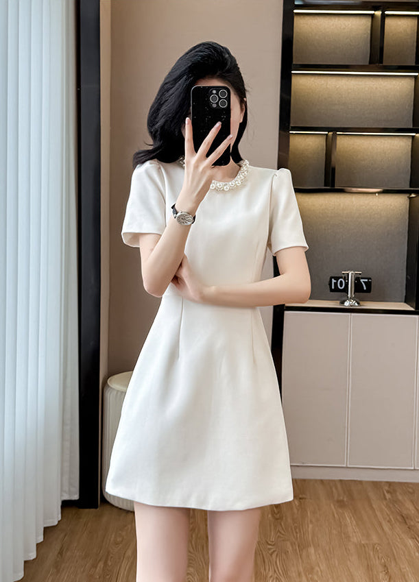 Elegant Pearl-Trim A-Line  Mini Dress-Short Sleeve Cocktail & Workwear Shift