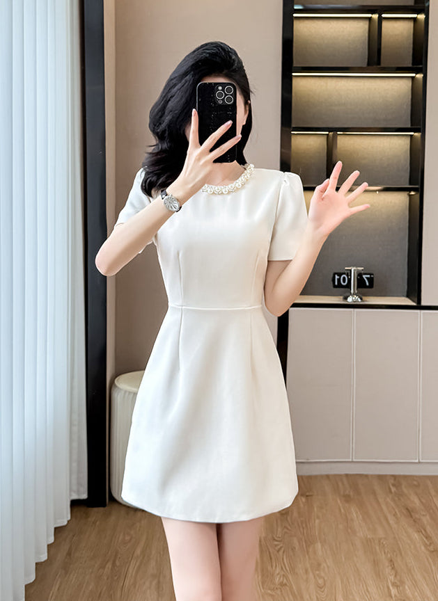Elegant Pearl-Trim A-Line  Mini Dress-Short Sleeve Cocktail & Workwear Shift