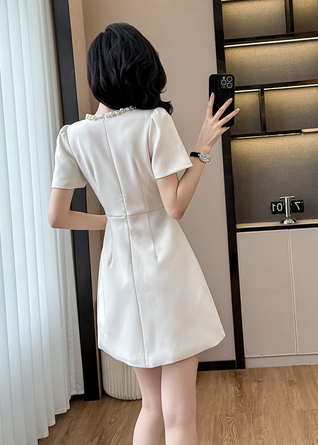 Elegant Pearl-Trim A-Line  Mini Dress-Short Sleeve Cocktail & Workwear Shift