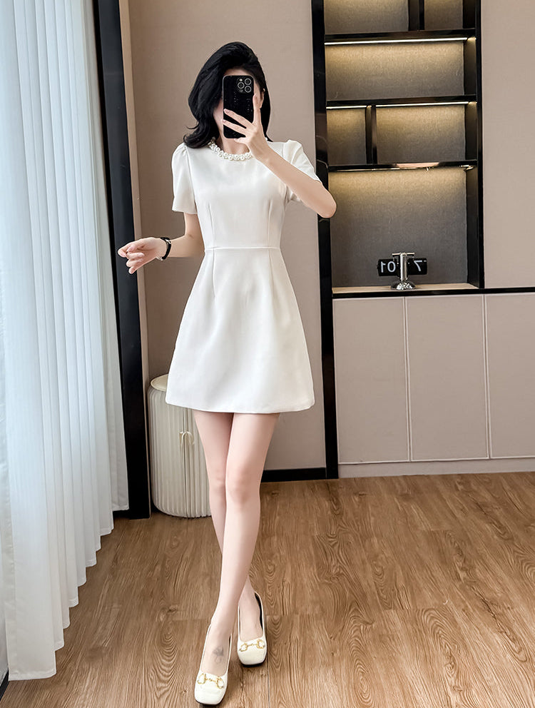 Elegant Pearl-Trim A-Line  Mini Dress-Short Sleeve Cocktail & Workwear Shift