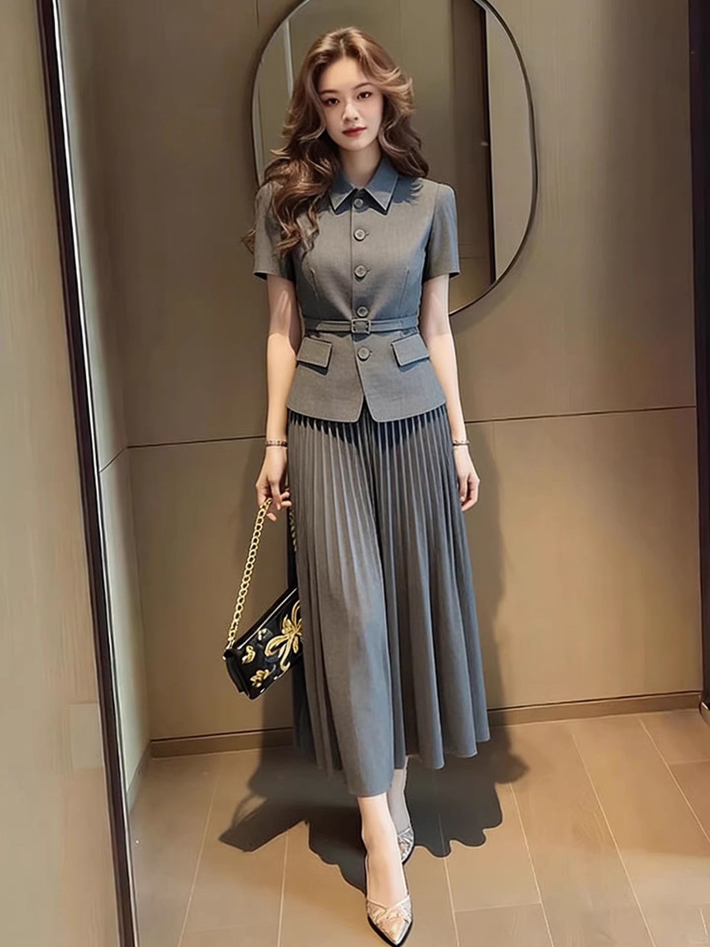 Belted Short-Sleeve Blazer & Pleated Skirt