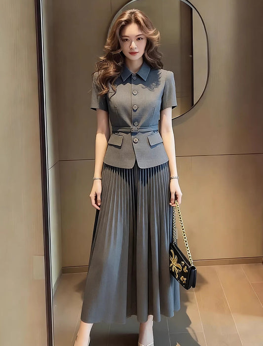 Belted Short-Sleeve Blazer & Pleated Skirt