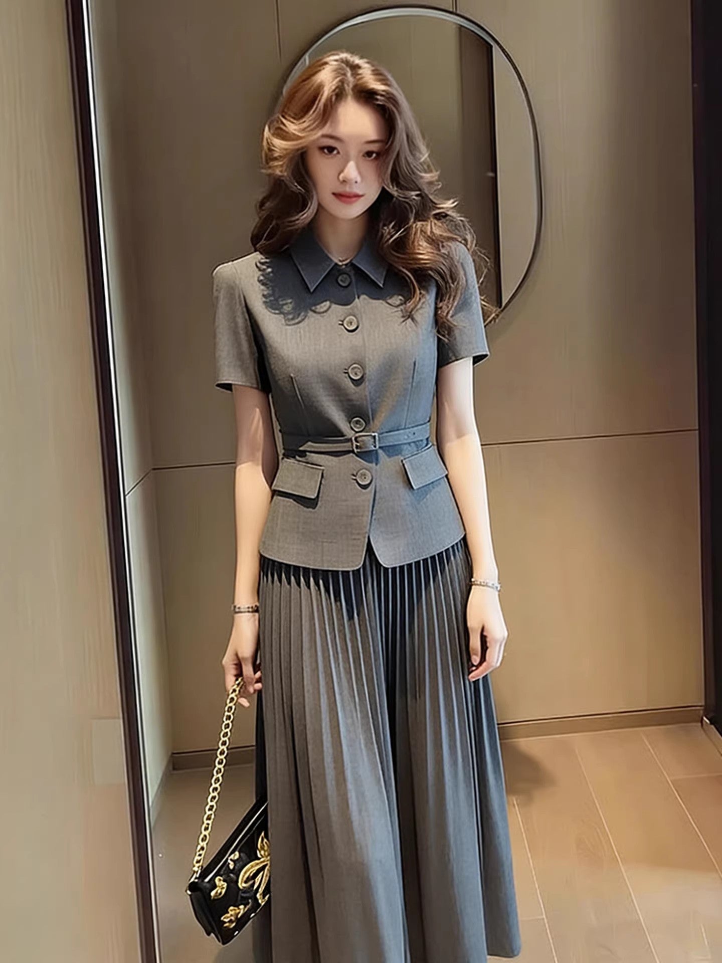 Belted Short-Sleeve Blazer & Pleated Skirt