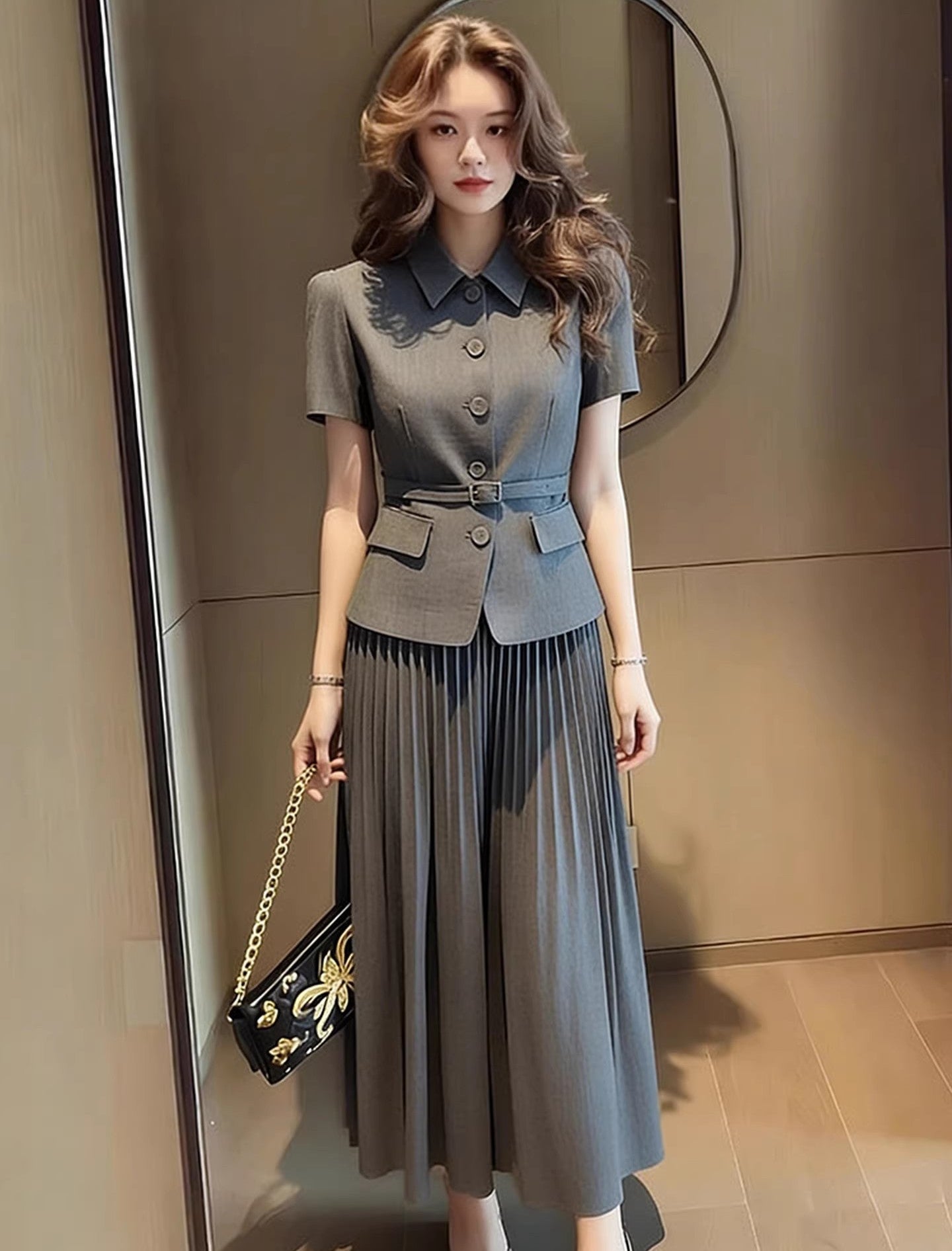 Belted Short-Sleeve Blazer & Pleated Skirt