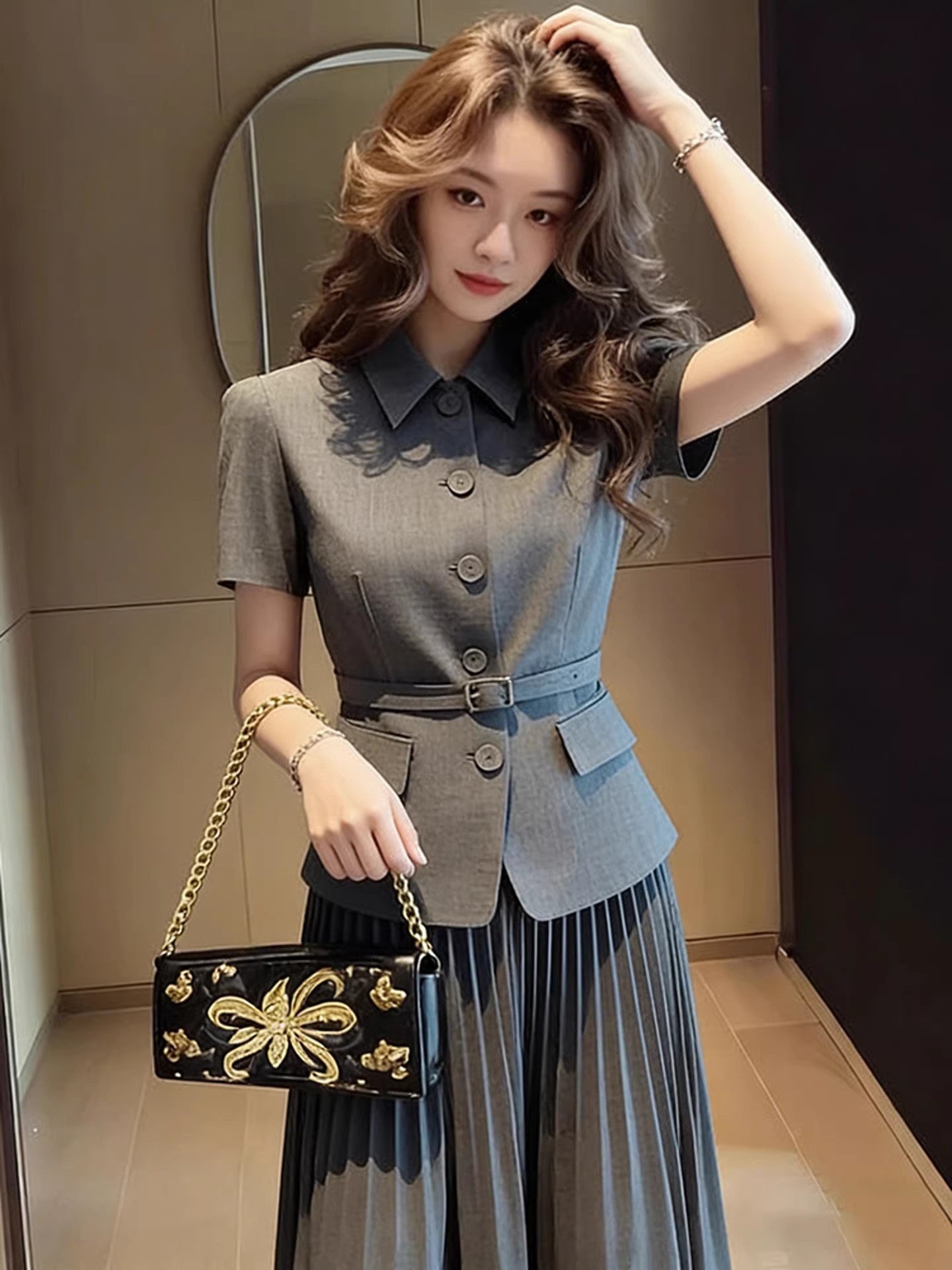 Belted Short-Sleeve Blazer & Pleated Skirt