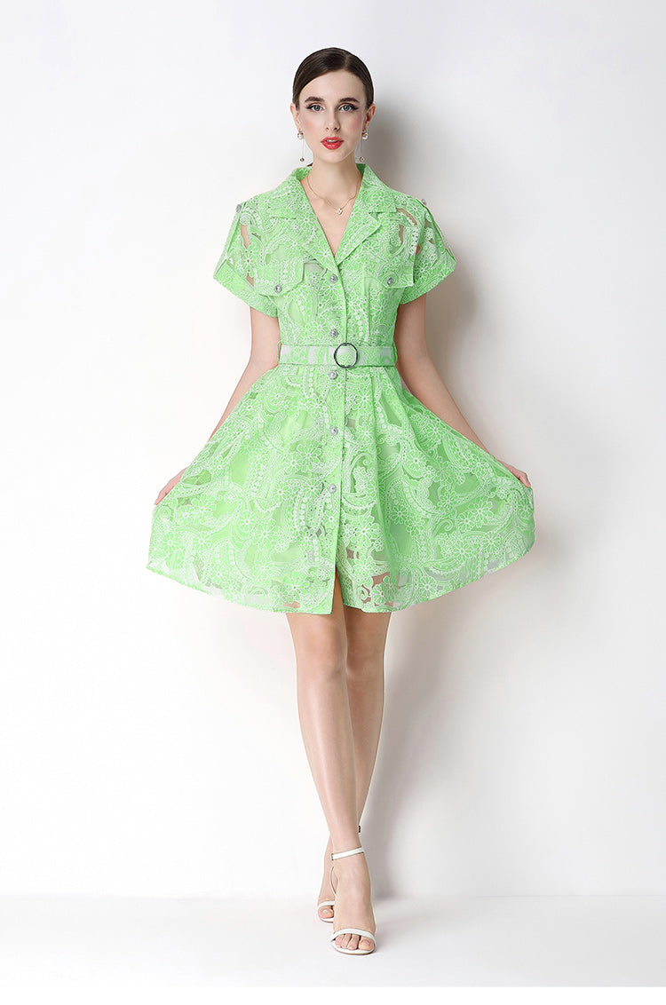 Retro Notch-Lapel Lace Mini Shirt Dress