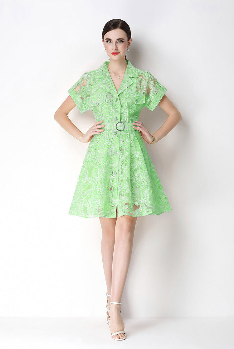 Retro Notch-Lapel Lace Mini Shirt Dress