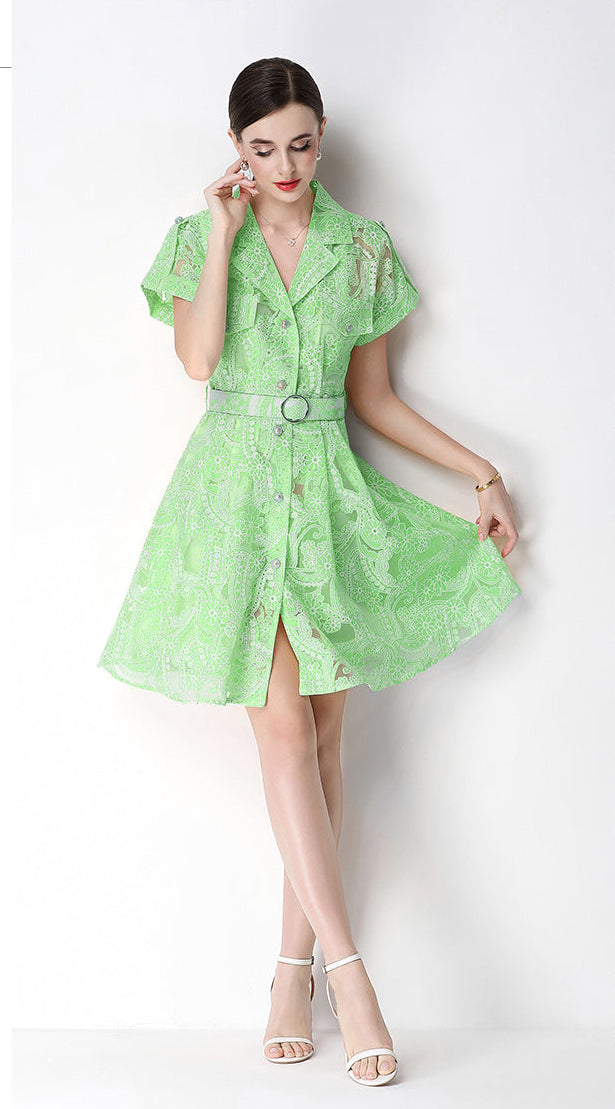 Retro Notch-Lapel Lace Mini Shirt Dress