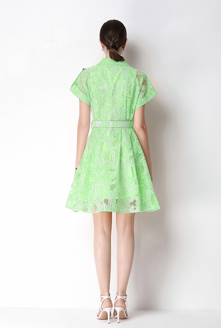Retro Notch-Lapel Lace Mini Shirt Dress