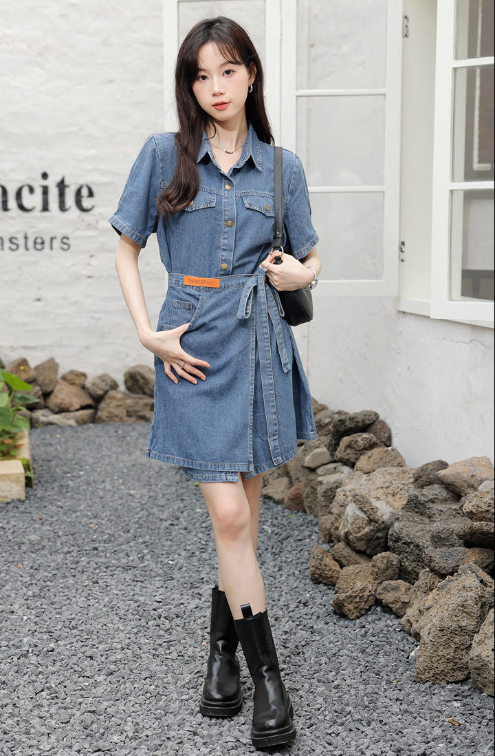 Short Sleeve Denim Wrap Shirt Dress