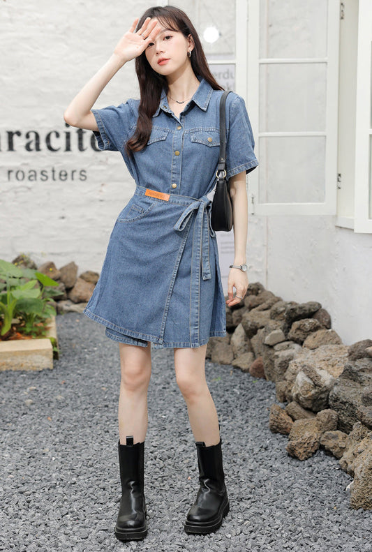 Short Sleeve Denim Wrap Shirt Dress