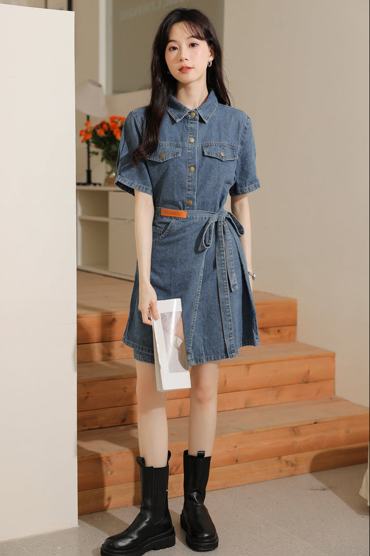 Short Sleeve Denim Wrap Shirt Dress