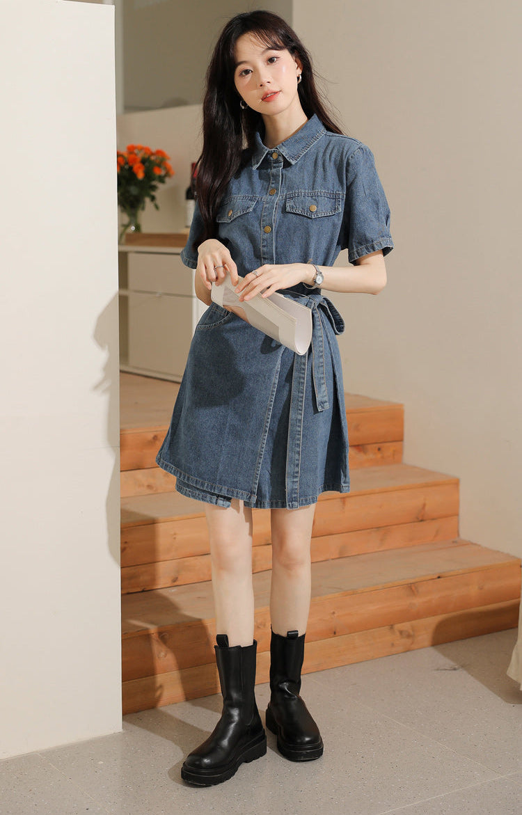 Short Sleeve Denim Wrap Shirt Dress