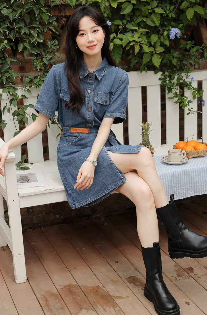 Short Sleeve Denim Wrap Shirt Dress