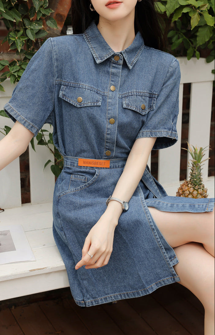 Short Sleeve Denim Wrap Shirt Dress