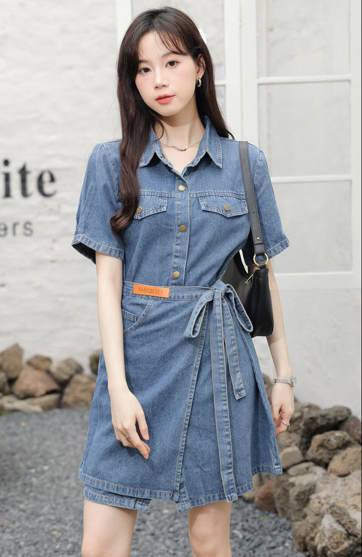Short Sleeve Denim Wrap Shirt Dress