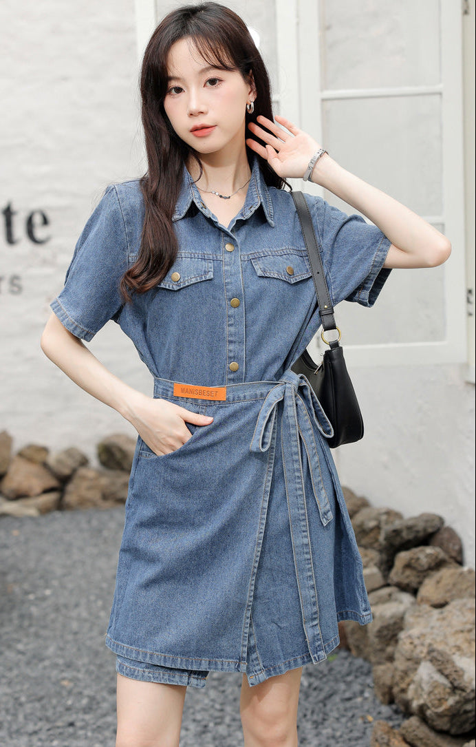 Short Sleeve Denim Wrap Shirt Dress