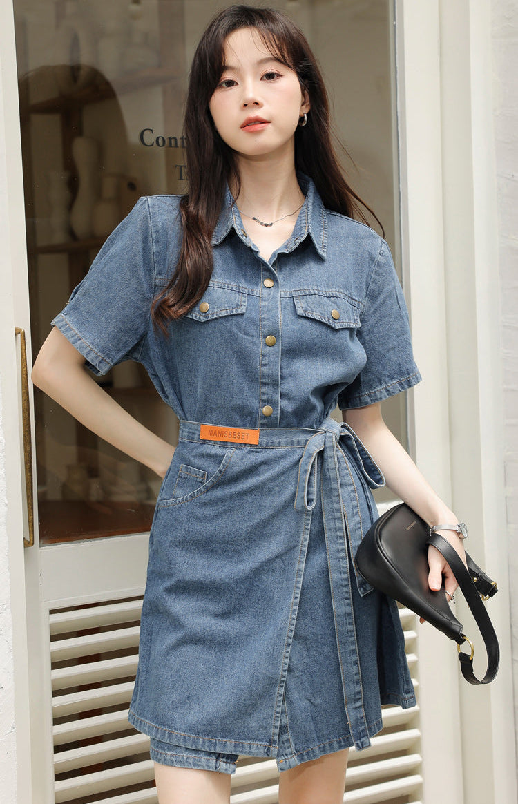 Short Sleeve Denim Wrap Shirt Dress
