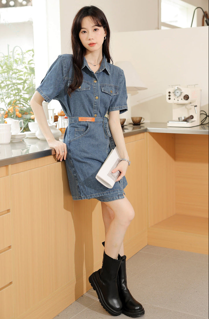 Short Sleeve Denim Wrap Shirt Dress