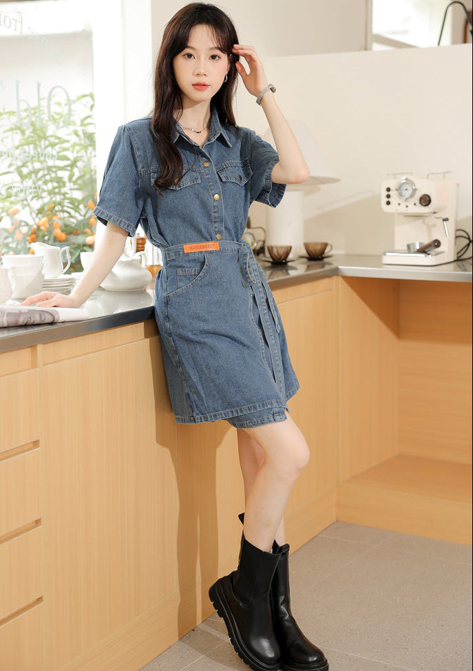 Short Sleeve Denim Wrap Shirt Dress