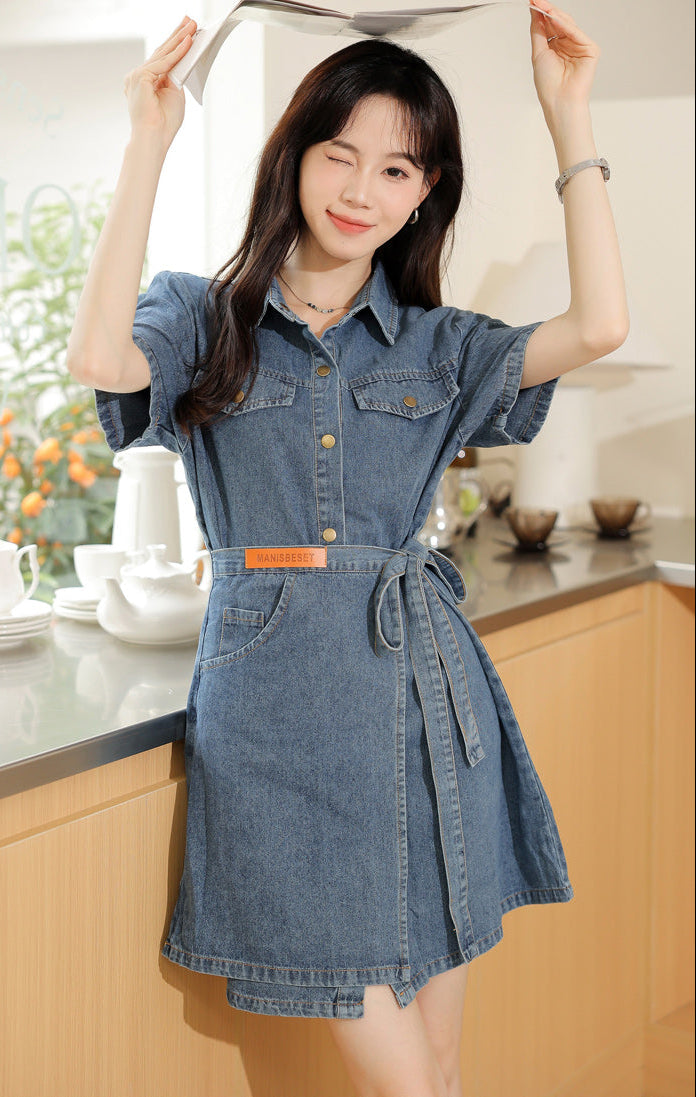 Short Sleeve Denim Wrap Shirt Dress