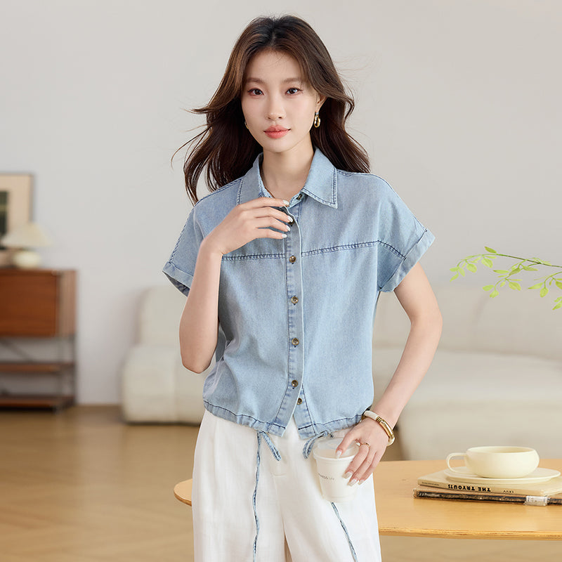 Short Sleeve Drawstring Hem Denim Blouse
