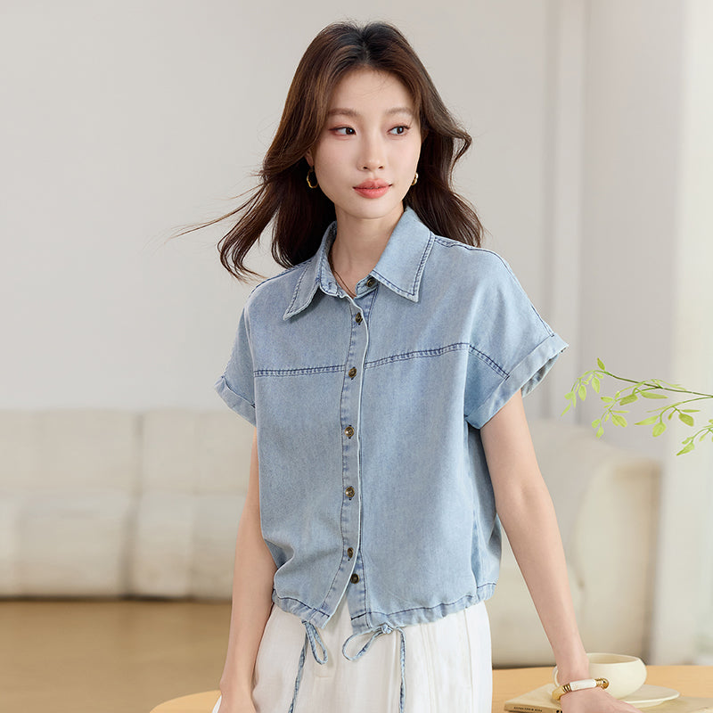 Short Sleeve Drawstring Hem Denim Blouse