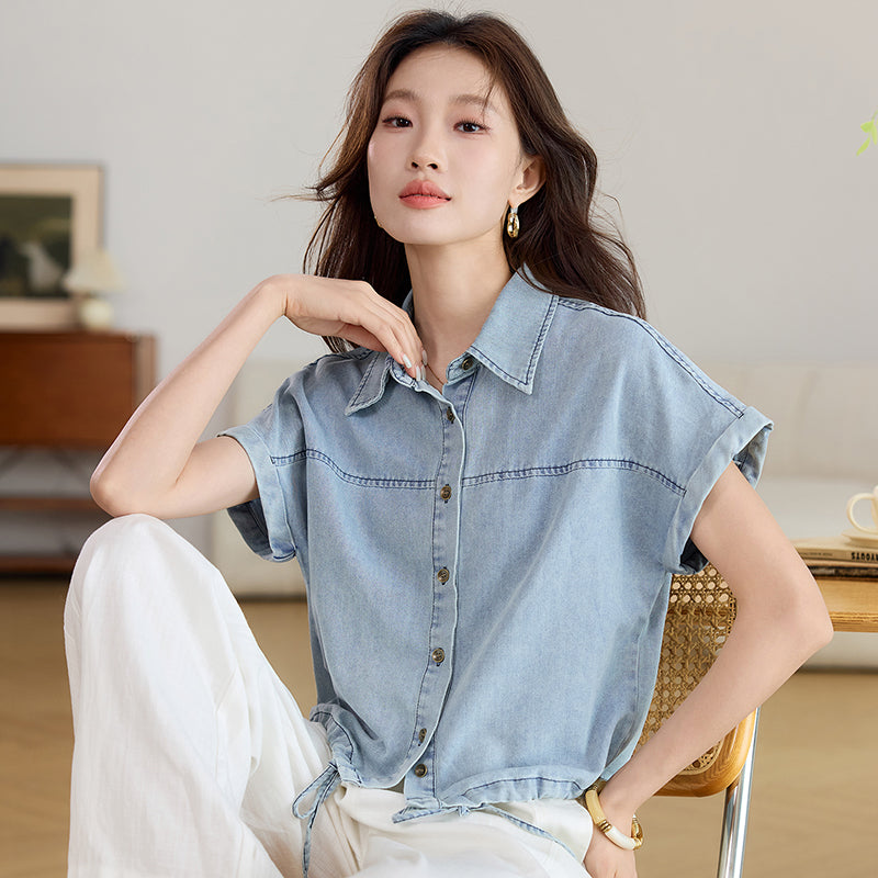 Short Sleeve Drawstring Hem Denim Blouse