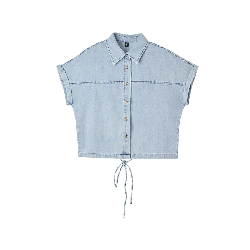 Short Sleeve Drawstring Hem Denim Blouse