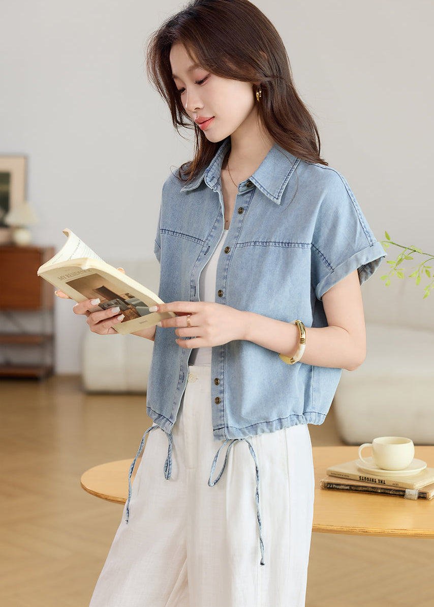 Short Sleeve Drawstring Hem Denim Blouse
