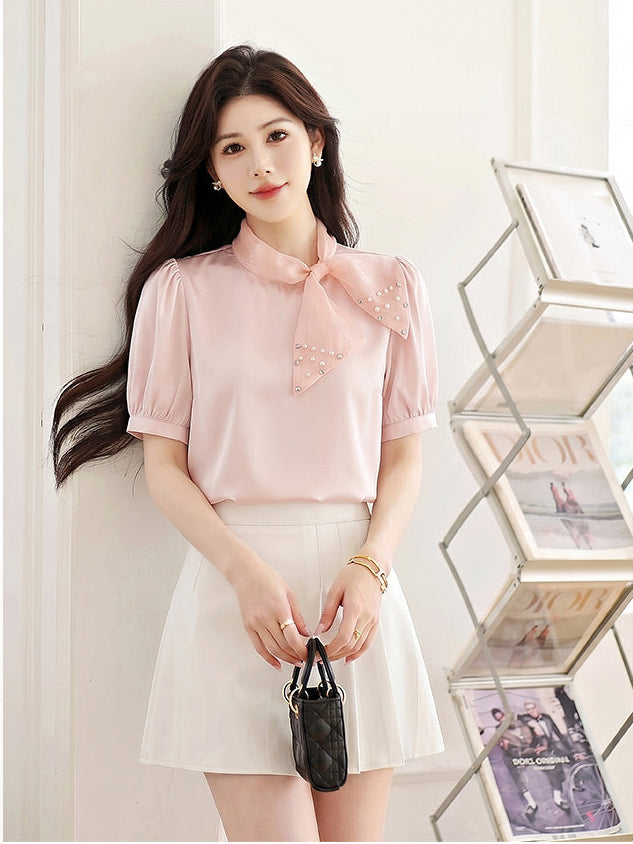 Pastel Satin Blouse With Embellish Bow Neck And Puff Sleeves