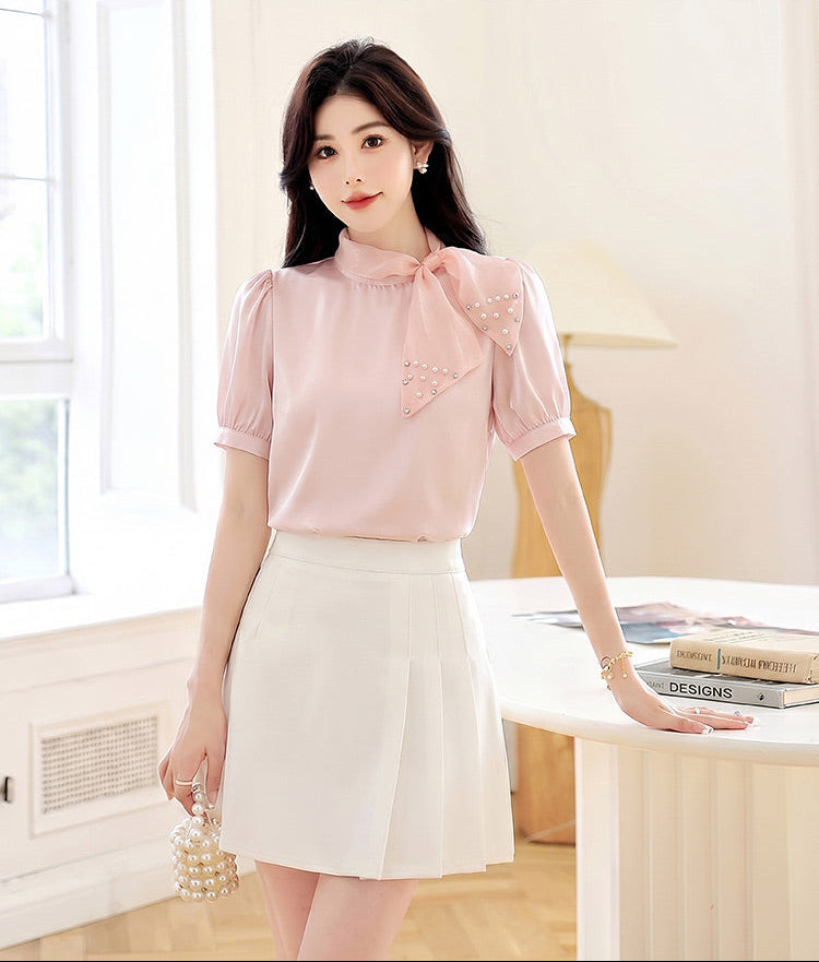 Pastel Satin Blouse With Embellish Bow Neck And Puff Sleeves
