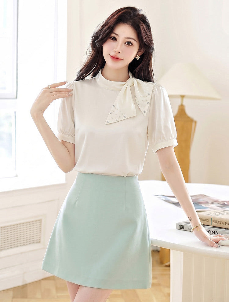 Pastel Satin Blouse With Embellish Bow Neck And Puff Sleeves