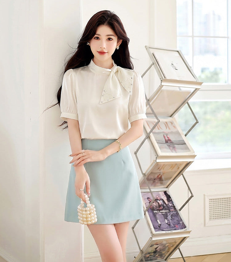 Pastel Satin Blouse With Embellish Bow Neck And Puff Sleeves