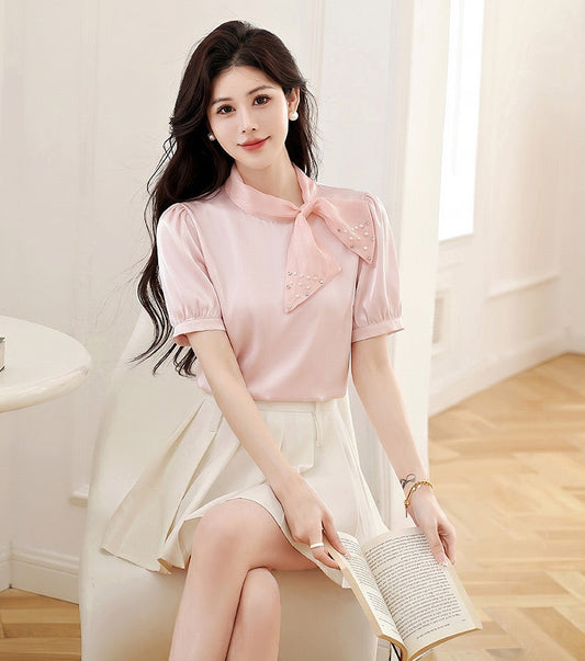 Pastel Satin Blouse With Embellish Bow Neck And Puff Sleeves