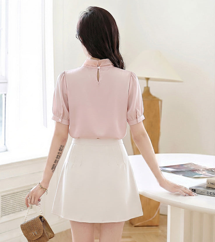 Pastel Satin Blouse With Embellish Bow Neck And Puff Sleeves