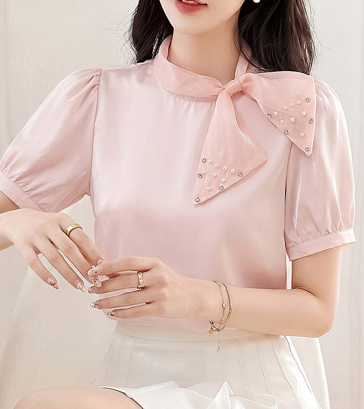 Pastel Satin Blouse With Embellish Bow Neck And Puff Sleeves