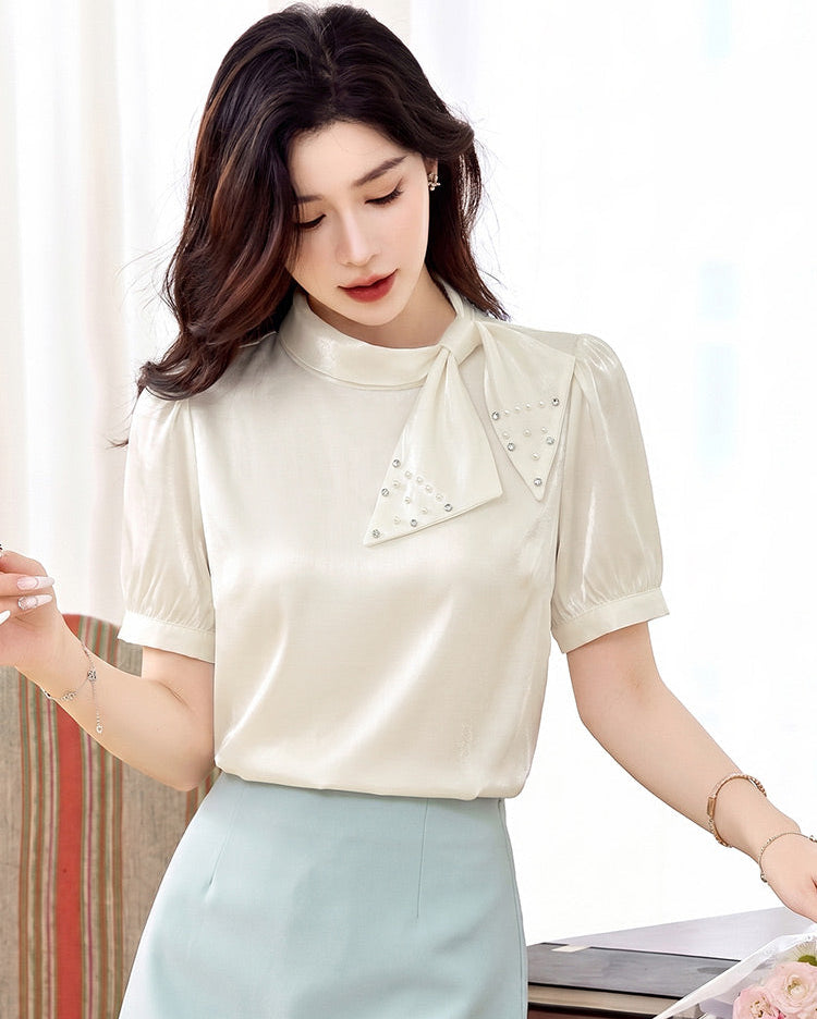 Pastel Satin Blouse With Embellish Bow Neck And Puff Sleeves
